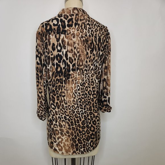 New Directions Top Leopard Tan Black Large Roll Tab Sleeve Stretch Knit Bib Fron - Picture 5 of 8